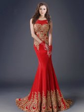 Popular Brush Train Mermaid Dress for Prom Red Scoop Tulle Sleeveless With Train Side Zipper