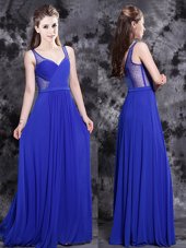 Spectacular Royal Blue Empire Chiffon V-neck Sleeveless Beading Floor Length Side Zipper Homecoming Dress