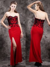Comfortable Sweetheart Sleeveless Prom Evening Gown Ankle Length Beading and Appliques Red Elastic Woven Satin