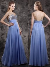 Delicate Sleeveless Floor Length Beading and Sequins Zipper Prom Dresses with Light Blue