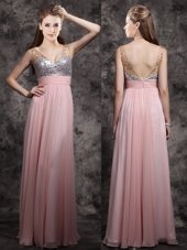 Traditional Sequins Empire Prom Dresses Baby Pink V-neck Chiffon Sleeveless Floor Length Zipper