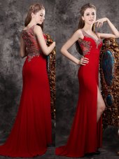 Nice Red Evening Dresses Prom and For with Appliques Sleeveless Brush Train Zipper