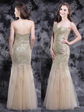 Designer Mermaid Floor Length Zipper Evening Dress Champagne and In for Prom with Appliques