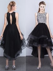 Custom Made Scoop Backless Black Sleeveless Beading High Low Homecoming Dress