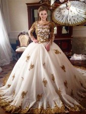 Unique Scoop With Train Ball Gowns Long Sleeves White Sweet 16 Dress Chapel Train Zipper