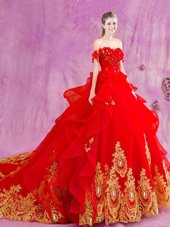 Best Selling Off the Shoulder Sleeveless With Train Beading and Appliques and Ruffles Lace Up Quinceanera Dresses with Red Court Train