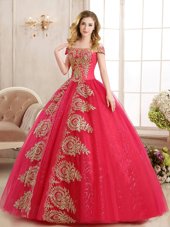 Custom Made Red 15 Quinceanera Dress Military Ball and Sweet 16 and Quinceanera and For with Appliques and Sequins Off The Shoulder Sleeveless Lace Up