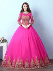 Fashion Scoop Fuchsia Lace Up 15th Birthday Dress Appliques Long Sleeves Floor Length