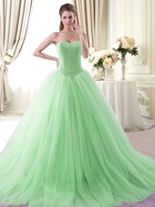 With Train Apple Green Ball Gown Prom Dress Sweetheart Sleeveless Brush Train Lace Up