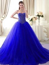 Dynamic Beading Sweet 16 Dresses Royal Blue Lace Up Sleeveless With Brush Train