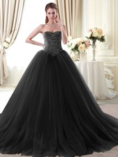 Classical Sleeveless Tulle Floor Length Lace Up Sweet 16 Dress in Black for with Beading