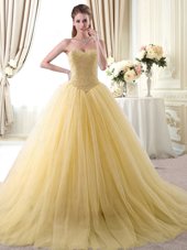 Beauteous Gold Ball Gowns Sweetheart Sleeveless Tulle Floor Length Lace Up Beading Ball Gown Prom Dress