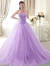 Vintage Lavender Ball Gowns Tulle Sweetheart Sleeveless Beading Floor Length Lace Up 15th Birthday Dress