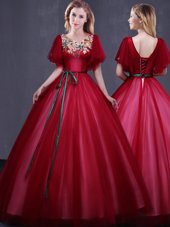 Charming Scoop Floor Length Ball Gowns Short Sleeves Wine Red Quinceanera Gown Lace Up