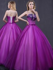 Comfortable Purple Ball Gowns Scoop Sleeveless Tulle Floor Length Lace Up Beading and Appliques Sweet 16 Dress