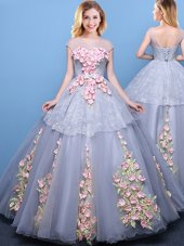 Sumptuous Scoop Cap Sleeves Tulle Sweet 16 Dress Appliques Lace Up