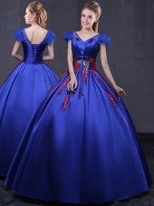 Modest Royal Blue Cap Sleeves Satin Lace Up Quinceanera Dresses for Military Ball and Sweet 16 and Quinceanera