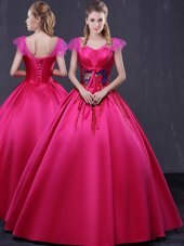 Stunning Cap Sleeves Satin Floor Length Lace Up Sweet 16 Quinceanera Dress in Hot Pink for with Appliques