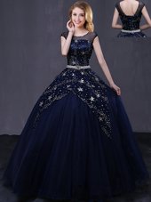 Inexpensive Scoop Beading and Belt Quinceanera Dresses Black Lace Up Cap Sleeves Floor Length