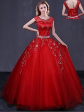 Romantic Red Scoop Lace Up Beading and Belt Quinceanera Dress Cap Sleeves