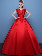 Scoop Cap Sleeves Floor Length Lace Up Ball Gown Prom Dress Red and In for Military Ball and Sweet 16 and Quinceanera with Appliques