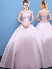 Custom Made Satin Scoop Cap Sleeves Lace Up Appliques Sweet 16 Quinceanera Dress in Pink