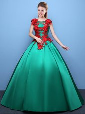 Comfortable Scoop Green Cap Sleeves Satin Lace Up Ball Gown Prom Dress for Military Ball and Sweet 16 and Quinceanera