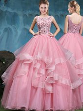 On Sale Baby Pink Ball Gowns Scoop Sleeveless Tulle Floor Length Lace Up Lace and Appliques and Ruffles Quince Ball Gowns
