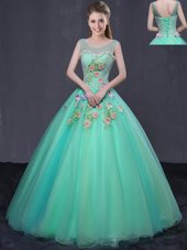 Fantastic Turquoise Organza Lace Up Scoop Sleeveless Floor Length Ball Gown Prom Dress Beading and Appliques