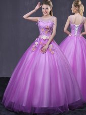 Scoop Sleeveless 15 Quinceanera Dress Floor Length Beading and Appliques Lilac Tulle