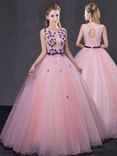 Great Baby Pink Lace Up Scoop Appliques 15th Birthday Dress Tulle Sleeveless