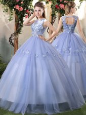 Simple Floor Length Lace Up Quinceanera Gown Lavender and In for Military Ball and Sweet 16 and Quinceanera with Appliques