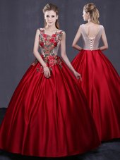 High End Wine Red Ball Gowns Scoop Sleeveless Satin Floor Length Lace Up Appliques Ball Gown Prom Dress