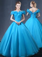 Nice Off the Shoulder Cap Sleeves Lace Up Floor Length Appliques Quinceanera Dresses