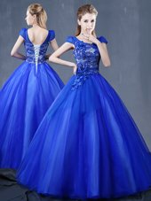 Eye-catching Floor Length Royal Blue Vestidos de Quinceanera Organza Short Sleeves Lace and Appliques