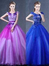 Top Selling Purple Lace Up Quinceanera Gown Lace and Appliques Short Sleeves Floor Length