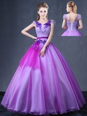 Shining Lavender Quince Ball Gowns Military Ball and Sweet 16 and Quinceanera and For with Lace and Appliques V-neck Short Sleeves Lace Up