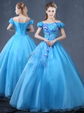 Modest Ball Gowns Ball Gown Prom Dress Baby Blue Off The Shoulder Organza Short Sleeves Floor Length Lace Up