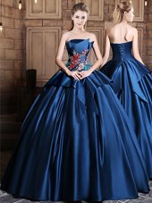 Graceful Sleeveless Floor Length Appliques Lace Up Vestidos de Quinceanera with Navy Blue