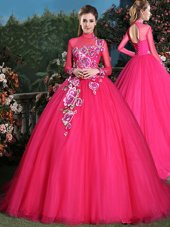 Best Selling Coral Red Ball Gowns High-neck Long Sleeves Tulle With Brush Train Lace Up Appliques 15th Birthday Dress