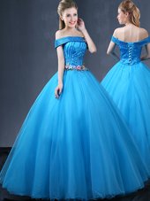Cute Off The Shoulder Sleeveless Lace Up Quinceanera Gowns Baby Blue Tulle