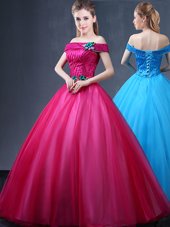 Wonderful Fuchsia Off The Shoulder Lace Up Beading and Appliques Sweet 16 Dresses Sleeveless