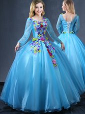 Floor Length Ball Gowns Long Sleeves Baby Blue 15 Quinceanera Dress Lace Up