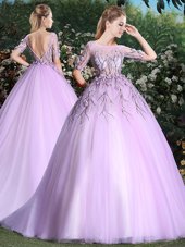 Wonderful Scoop Lilac Short Sleeves With Train Appliques Backless Sweet 16 Quinceanera Dress