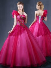 Deluxe One Shoulder Sleeveless Floor Length Lace and Appliques and Ruffles Lace Up Quinceanera Dress with Fuchsia