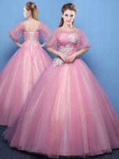 Glorious Ball Gowns Sweet 16 Quinceanera Dress Pink Scoop Tulle Half Sleeves Floor Length Lace Up