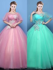 Scoop Floor Length Ball Gowns Half Sleeves Pink and Turquoise Sweet 16 Dress Lace Up