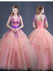 Most Popular Watermelon Red 15th Birthday Dress Military Ball and Sweet 16 and Quinceanera and For with Appliques V-neck Sleeveless Lace Up
