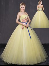 Customized Yellow Sweet 16 Dresses Military Ball and Sweet 16 and Quinceanera and For with Appliques Strapless Sleeveless Lace Up