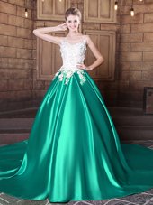 Fancy Turquoise Elastic Woven Satin Lace Up Scoop Sleeveless With Train Sweet 16 Dress Court Train Lace and Appliques